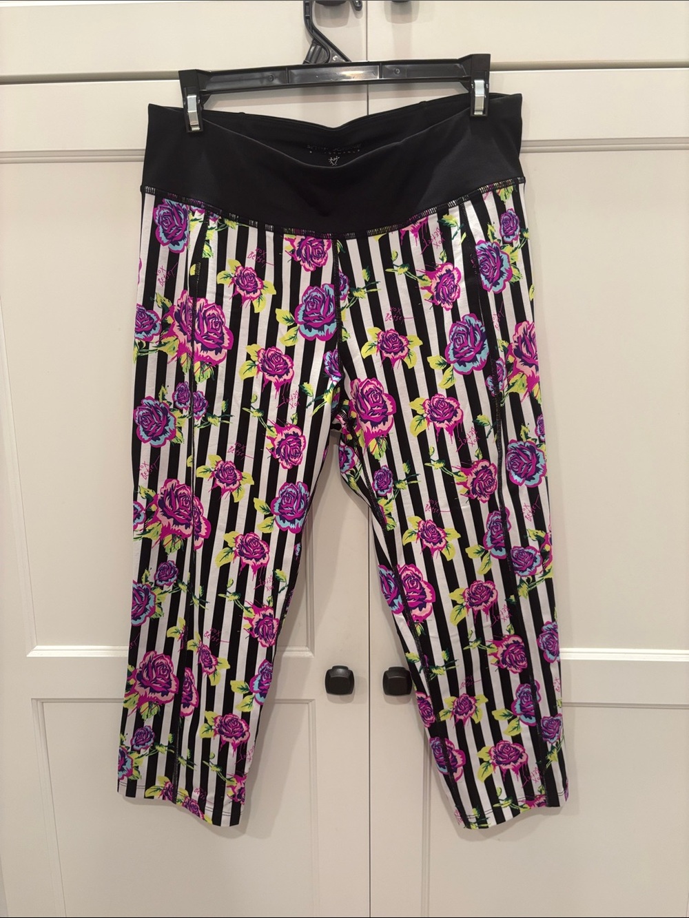 Betsey Johnson Black White Striped Leggings with Pink & Green Floral Print